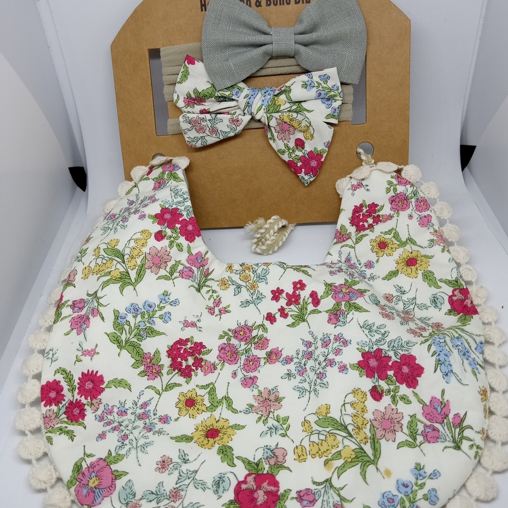 Charming Floral Baby Bib and Bow Set